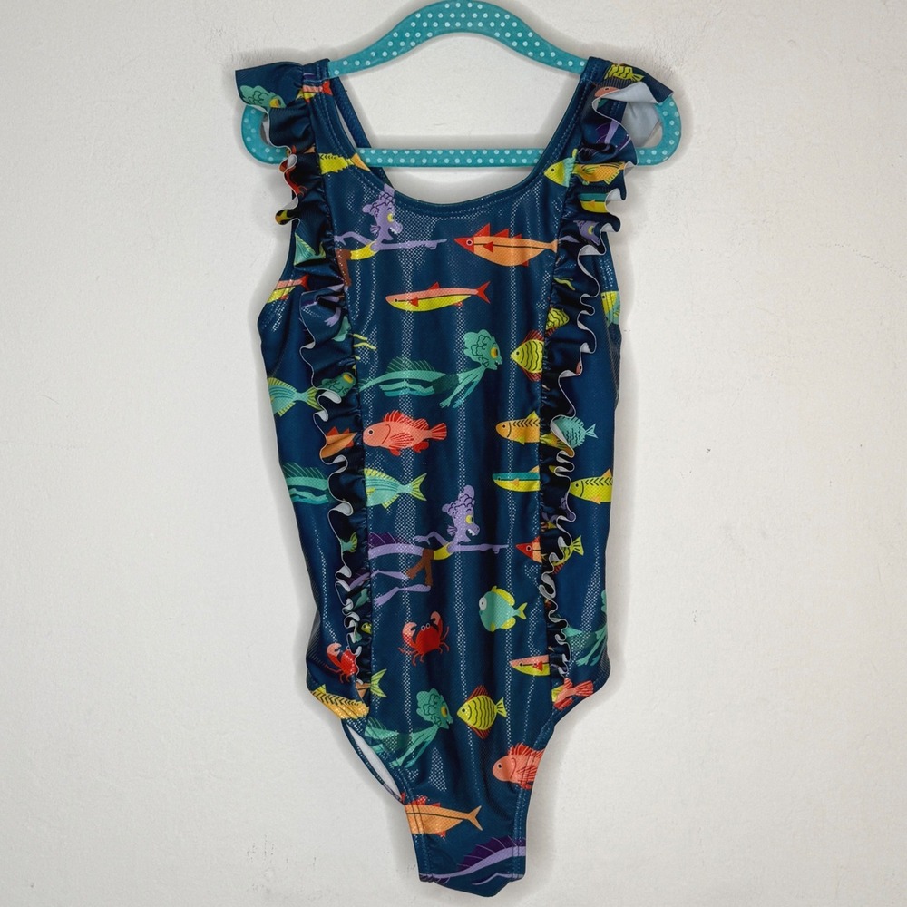 Disney Luca Swimsuit Size 7/8 Blue Ruffle One Piece Swimwear Pixar Summer Beach